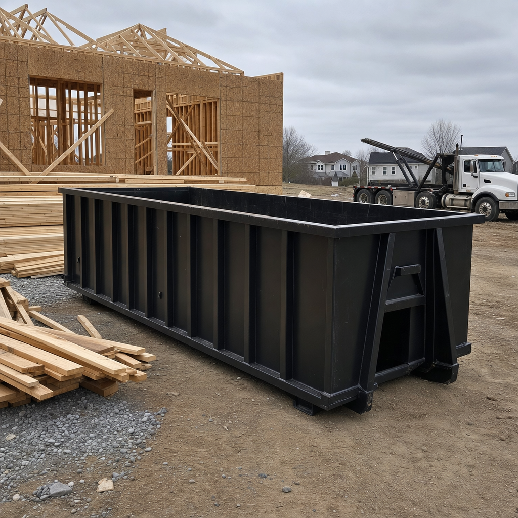 Matte-black 40-yard roll-off dumpster staged on a framed-out residential construction site in Millbrook, framing lumber stacked nearby, hooklift delivery truck visible in the background under bright Colorado daylight