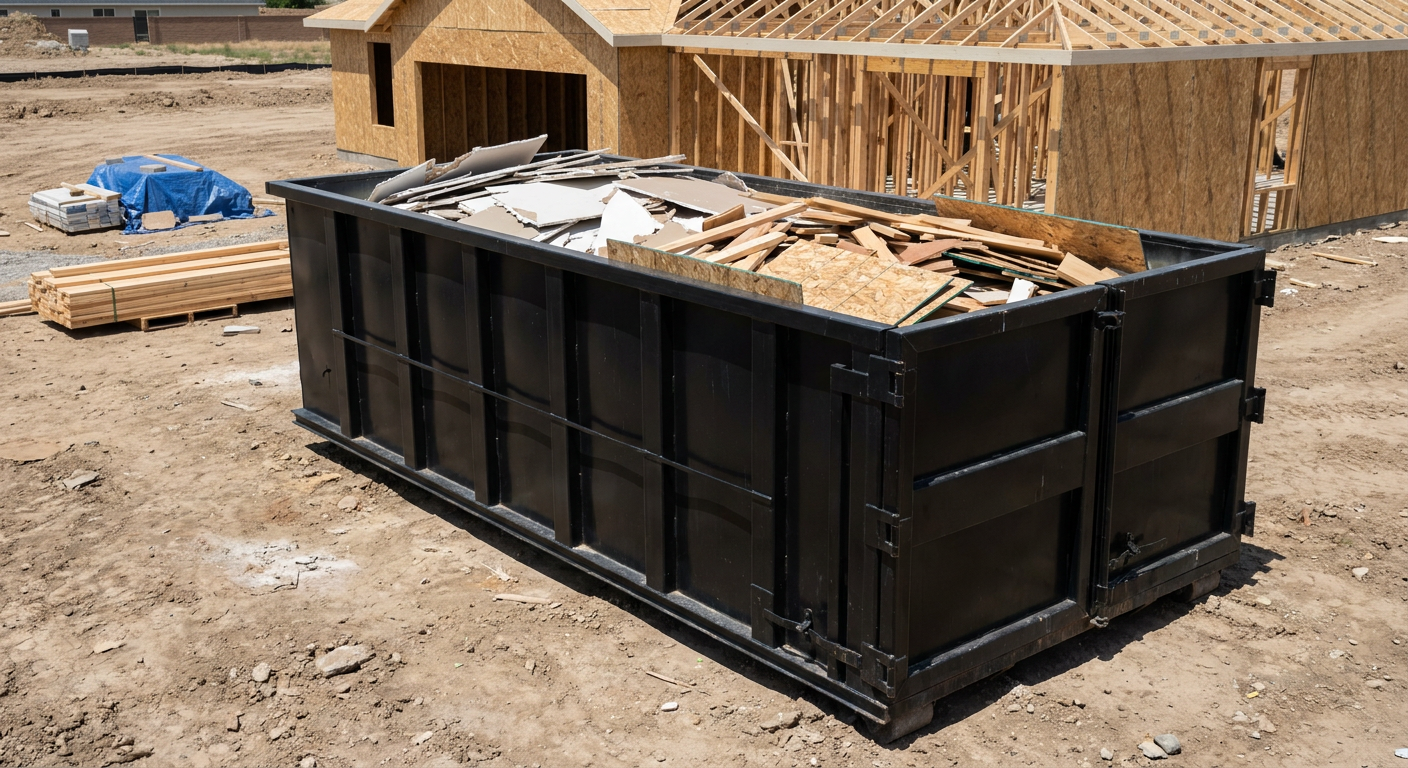 Matte-black 30-yard roll-off construction dumpster sitting directly on the compacted-dirt site of a framed single-family home build in Millbrook, drywall and lumber scrap loaded inside.
