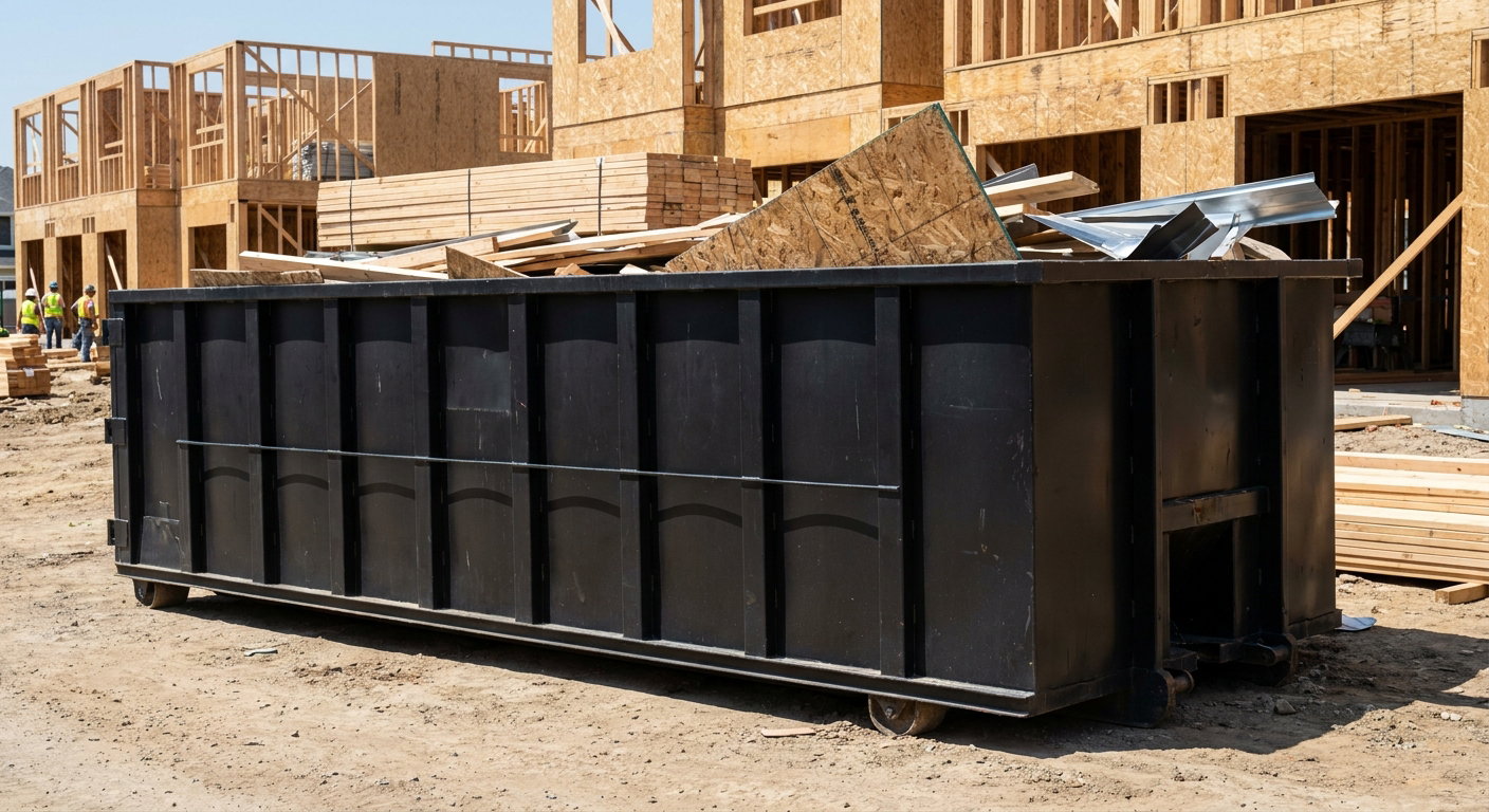 Matte-black 40-yard roll-off construction dumpster being lowered from a white-cab hooklift delivery truck onto the compacted-dirt jobsite at a commercial build site in Millbrook