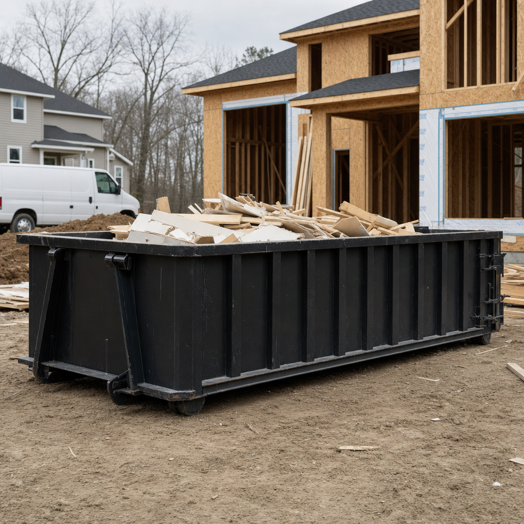 Worker in a yellow high-visibility vest tossing framing lumber and broken drywall into a matte-black 30-yard construction roll-off dumpster on an active build site in Millbrook, bright daylight