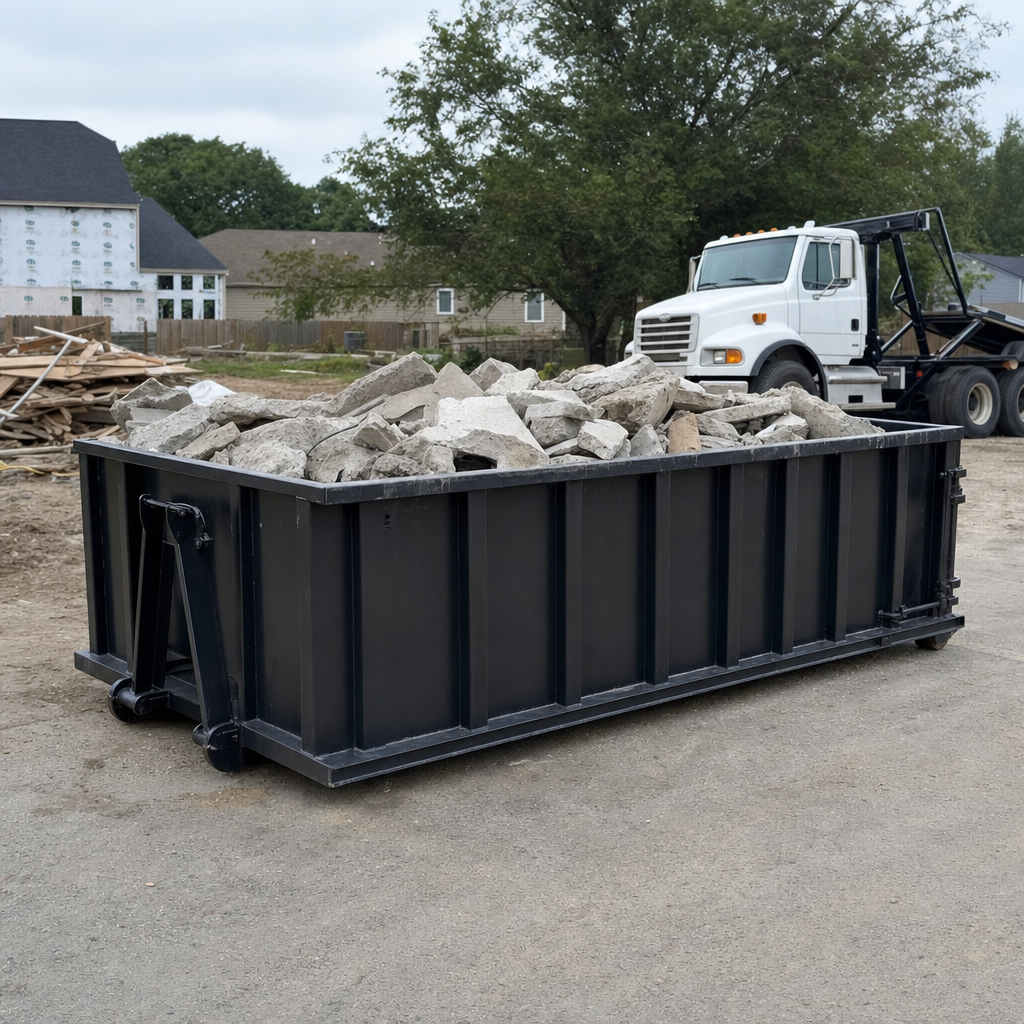 Low-profile matte-black lowboy roll-off dumpster loaded with broken concrete slab and rebar at a foundation tear-out in Millbrook, skid steer parked beside it, sunny Colorado morning