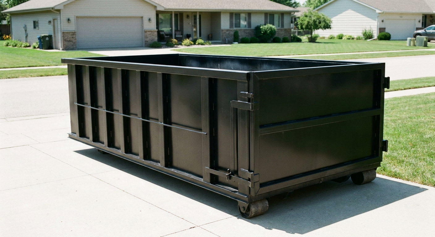 Matte-black 10-yard roll-off dumpster on a residential concrete driveway in Millbrook, uniformly painted matte black across every panel and rail, ribbed steel sidewalls and rear swing door visible, mid-day daylight.