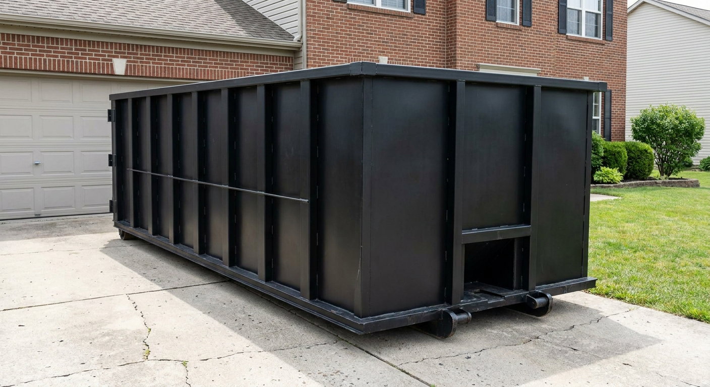 Matte-black 20-yard roll-off container on a Millbrook residential concrete driveway with reinforced ribbed steel sidewalls and a hinged rear walk-in door, clean bright daylight.
