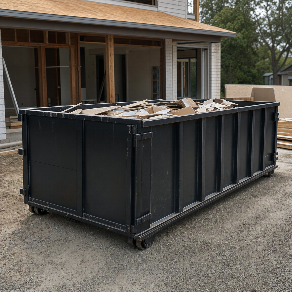Large matte-black 30-yard construction roll-off dumpster at an active Millbrook jobsite, steel-gray top rails and bottom rollers visible, loaded with construction debris.
