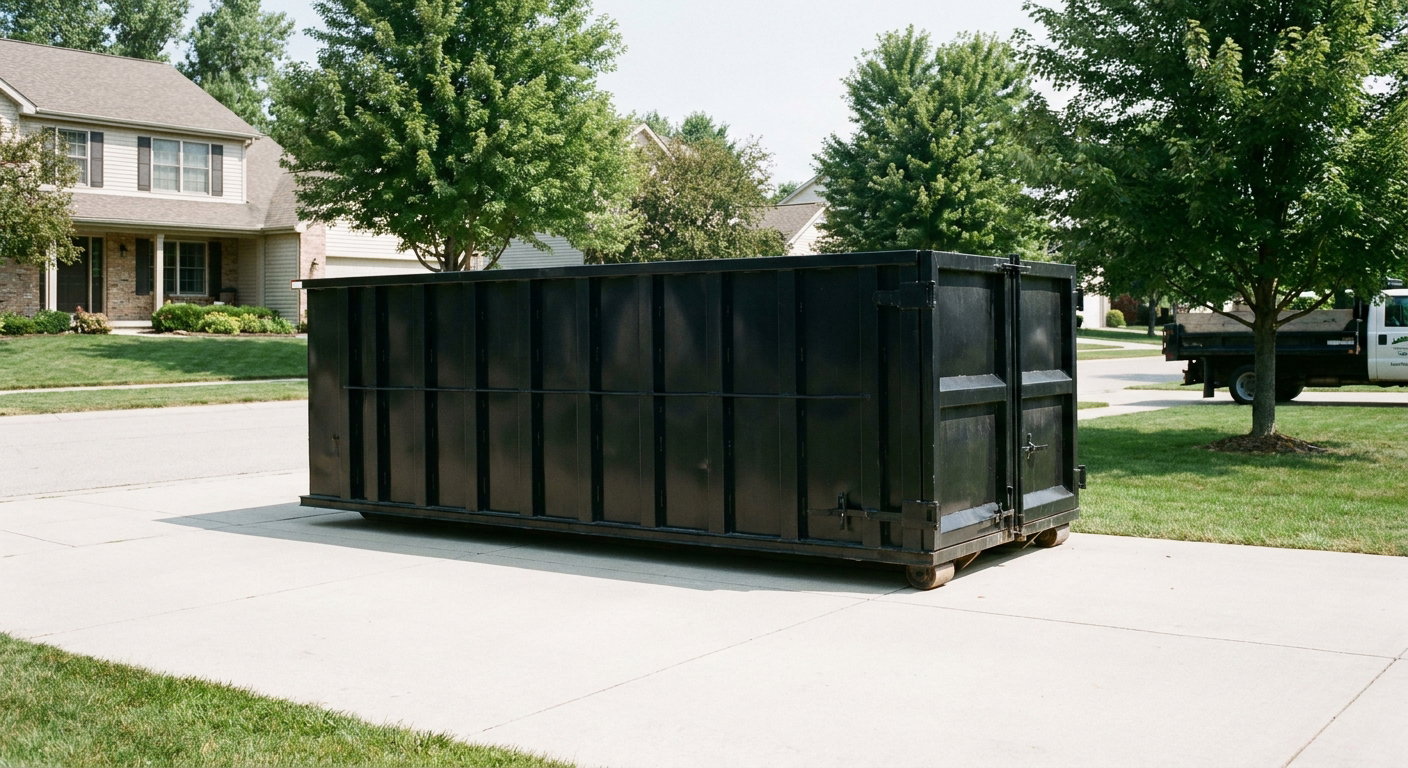 Matte-black 20-yard roll-off dumpster sitting level on a clean Millbrook residential concrete driveway under bright daylight, demonstrating clean placement directly on the concrete.