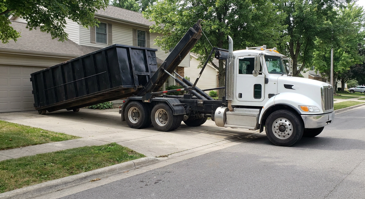 White-cab hooklift roll-off truck actively lowering a matte-black dumpster onto a Millbrook residential concrete driveway, the dumpster's rear wheels touching the driveway as the hoist arm tilts the bed forward, mid-morning daylight.
