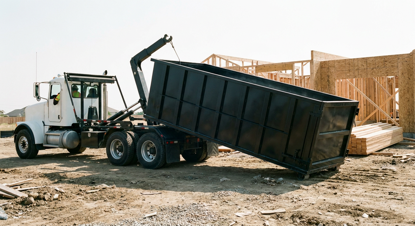 Matte-black roll-off dumpster being delivered onto a clean residential concrete driveway in Millbrook by an unmarked white hooklift hauler truck, bright morning daylight, documentary 35mm perspective.