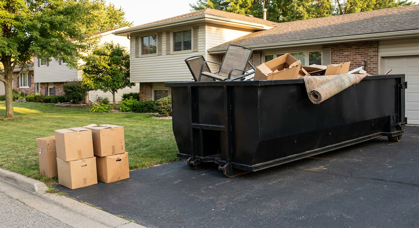 Front-yard view of a Millbrook split-level home with a 20-yard matte-black roll-off dumpster sitting directly on the asphalt driveway, a few clearly labeled donation boxes staged at the curb, calm sunny afternoon.