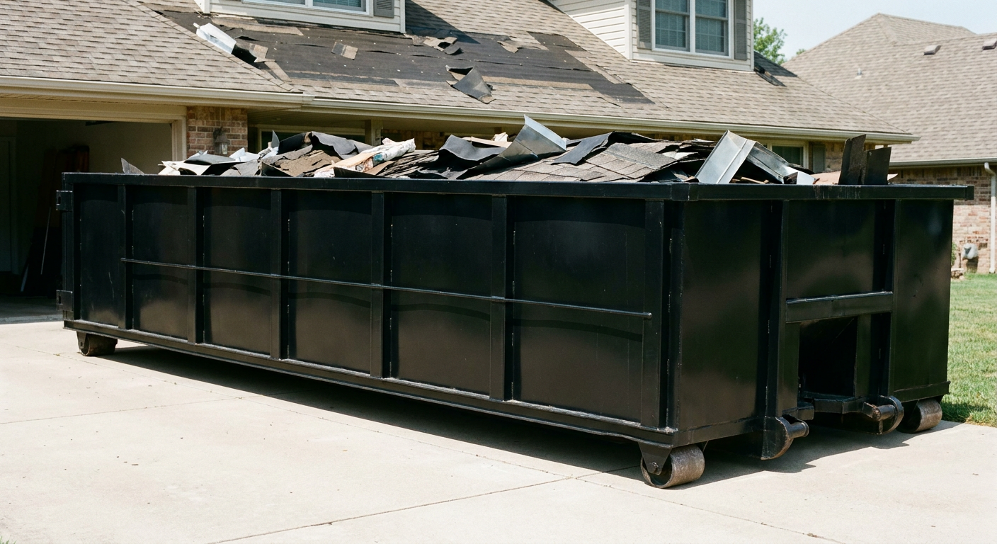 Matte-black 20-yard roofing roll-off dumpster with steel ribbed sides and swinging rear door, sitting directly on the concrete driveway of a two-story Millbrook home, asphalt shingle debris being loaded over the low wall, clean documentary lighting.