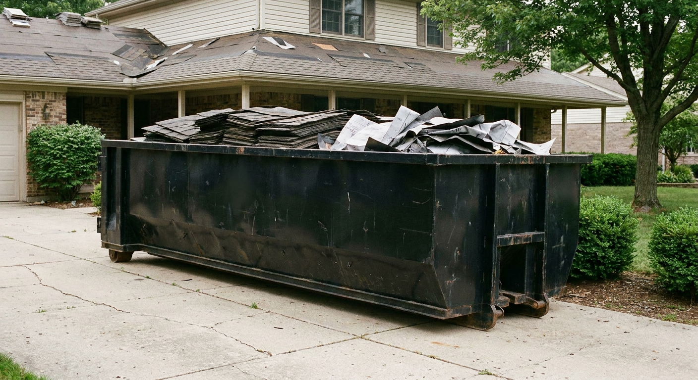 Matte-black 30-yard roofing roll-off dumpster sitting directly on a Millbrook concrete driveway, taller ribbed steel side panels, mixed tear-off debris of asphalt shingles and underlayment inside, professional documentary daylight.