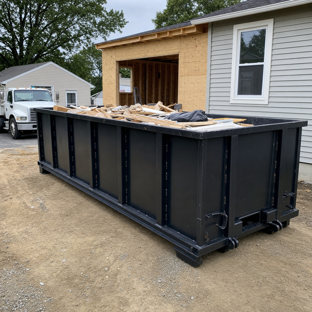 A matte-black 30-yard roll-off dumpster positioned at a Millbrook residential addition jobsite, with framing lumber and drywall scraps loaded through the open swinging rear doors.