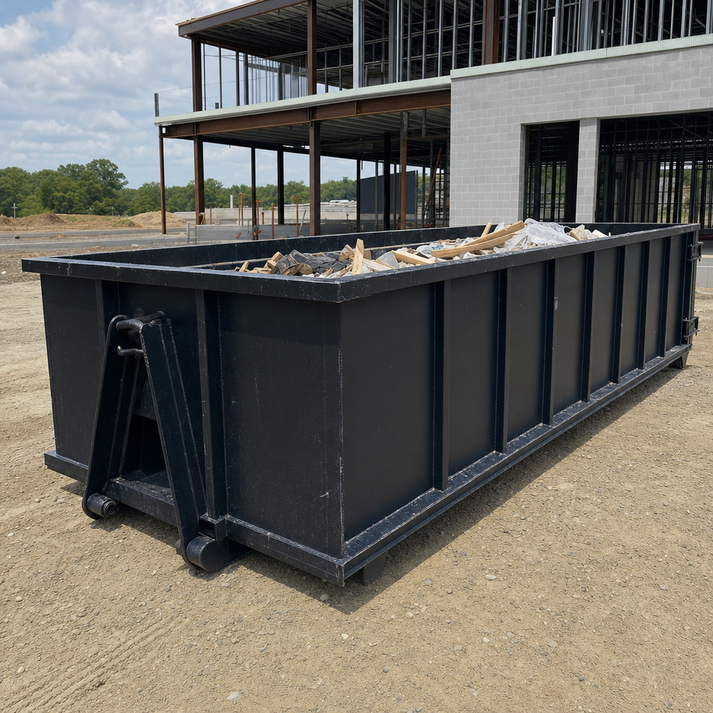 A matte-black 40-yard roll-off dumpster staged on a large Millbrook commercial construction lot, with a hooklift delivery truck parked alongside under bright midday sky.