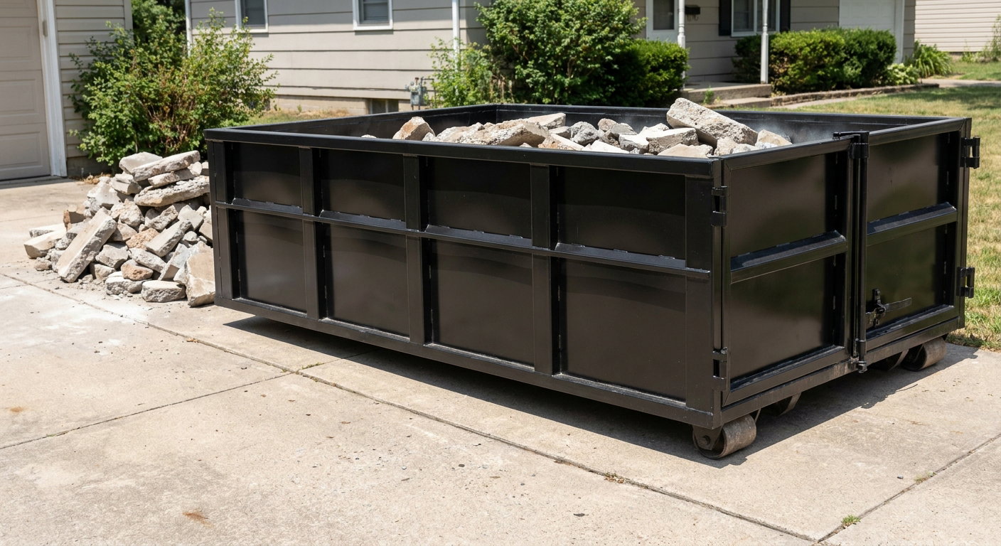 A matte-black low-side heavy-debris roll-off dumpster placed directly on a Millbrook concrete driveway, with broken concrete chunks neatly stacked beside it under clean daylight.